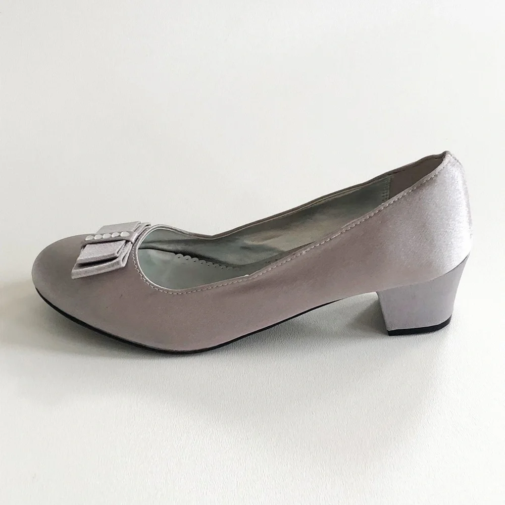Nina Girls Dress Pumps Shoes Satin Silver w Bow Block Heels Y5.5M W7.5 NEW